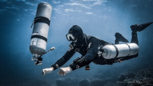 A diver practising buoyancy skills during sidemount workshops with Sidemount Society in Gozo (Malta).