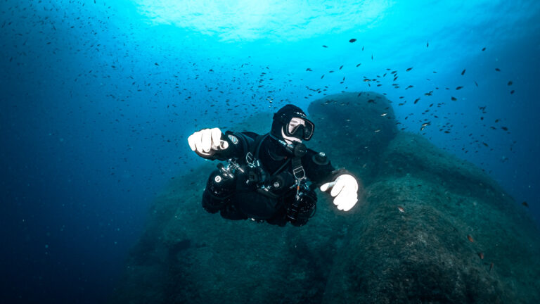 A diver diving deep in Gozo (Malta). Deep diver course with Sidemount Society.